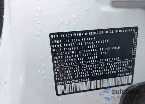 2025 Volkswagen Taos 1.5T Se из США, поврежденный, VIN 3VVUC7B2XSM024498